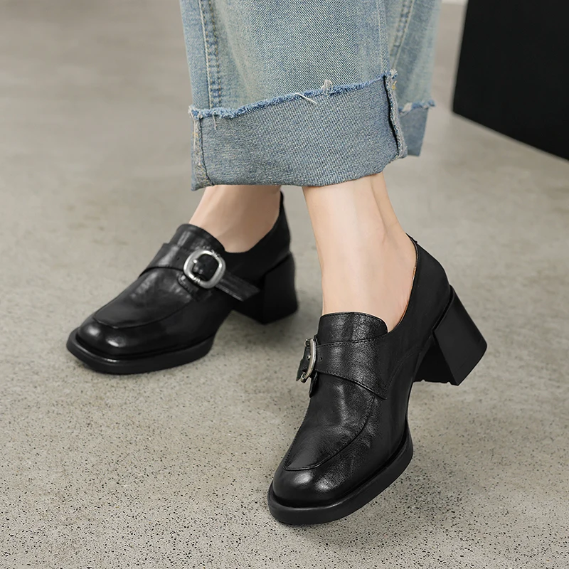 

Woman Buckle Loafers 2025 British Style Slip On Spring Autumn Round Toe Dress Work Pumps Cowhide Retro Thick Heeled Woman Shoes