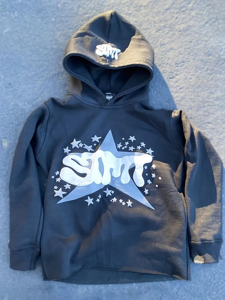 2024 New Hooded Sweatshirt Foam Printing Five-pointed Star Clothing Black Top Unisex Pullover Fashion Leisure Sports