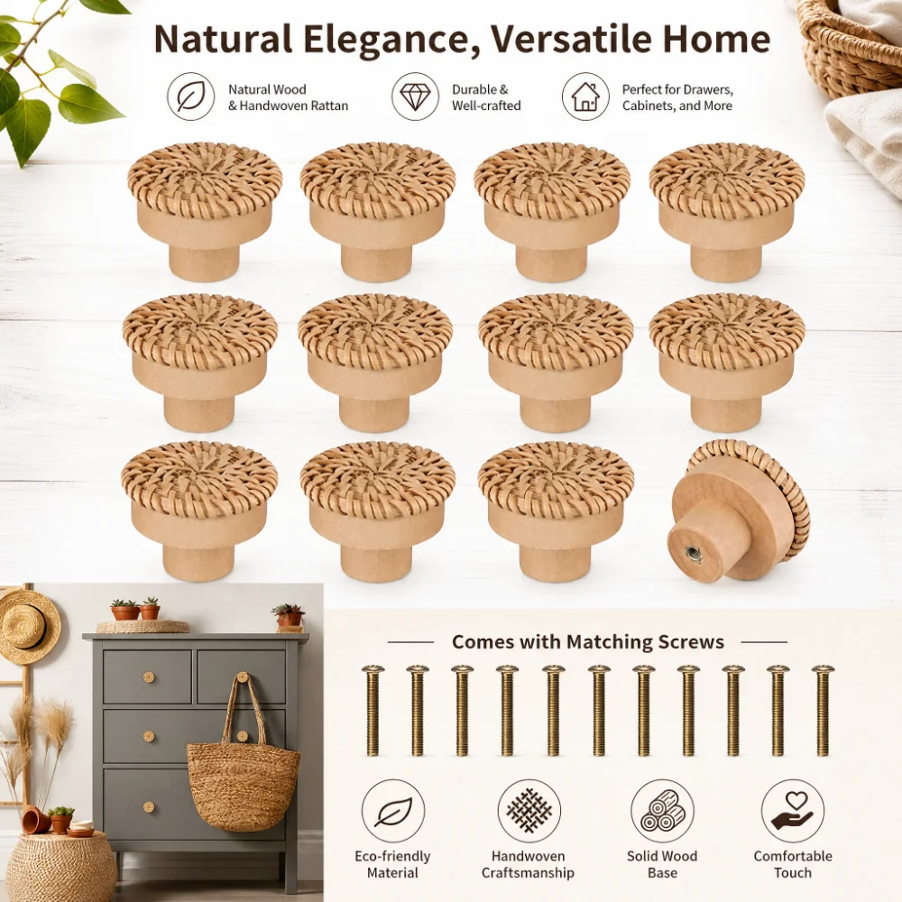 12pcs Bohemian Rattan Dresser Knobs, Round Wooden Drawer Knobs With Handmade Wicker Weave And Screws For Furniture, Cabinets, Dr