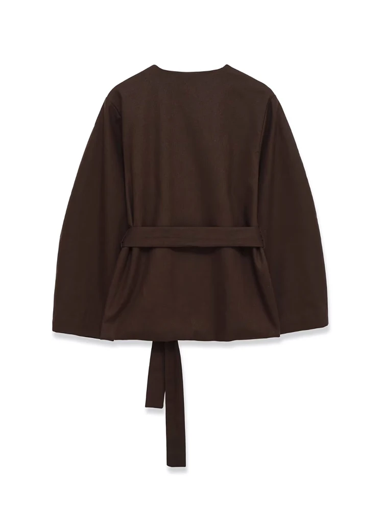 معطف نسائي أنيق بلون سادة مفتوح مع حزام فضفاض وأكمام طويلة ملابس خارجية نسائية أنيقة #2