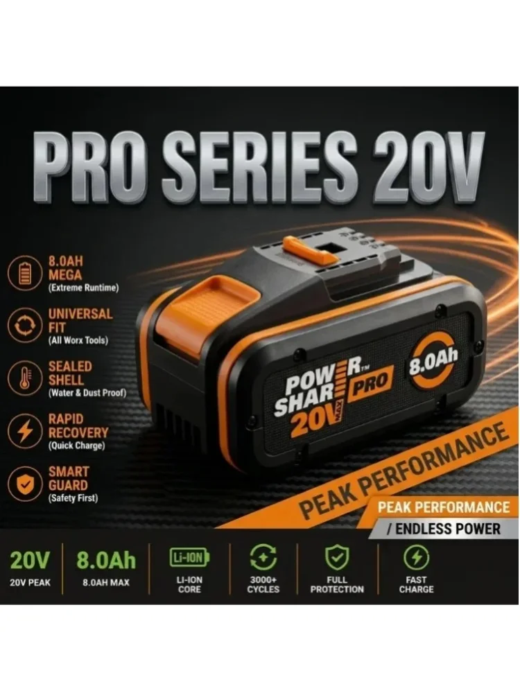 Für Worx 20V Elektrowerkzeug WA3551 WA3551.1 WA3553 WA3641 WX373, 20V 8000mAh Schnellladender Lithium-Ionen-Akku Ersatz