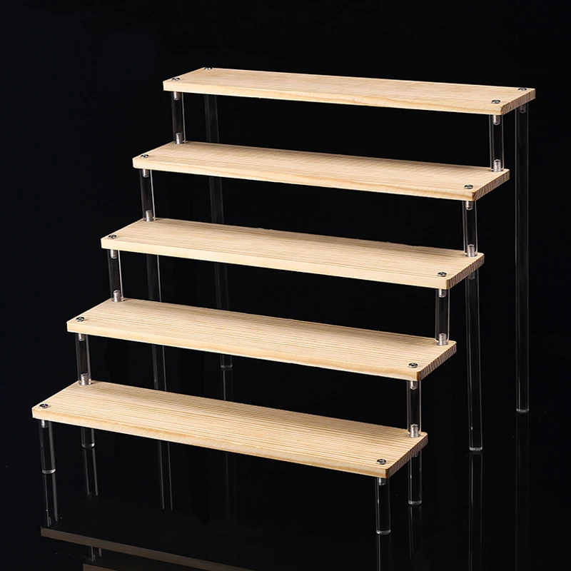 1-5 Tier Display Stand Durable Solid Wood Display Rack For Perfume Doll Toy Cosmetic Jewelry Trapezoidal Desktop Storage Shelf