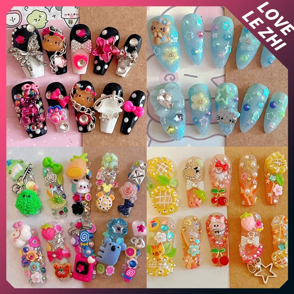 

10Pcs Spicy Girl Handmade Long Coffin Duck-Bill Press On Nails Party Sticker Y2K Cartoon Diamond Pearl Bow Detachable False Nail