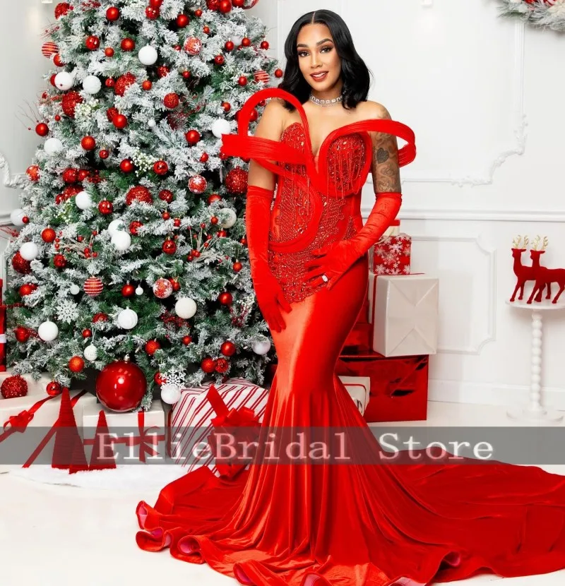 ゴージャスなクリスマスイブニングドレス、手袋付き、カスタマイズされたビーズ装飾、ベルベットの婚約ドレス、ドバイセクシーなパーティー衣装、プロムガウン