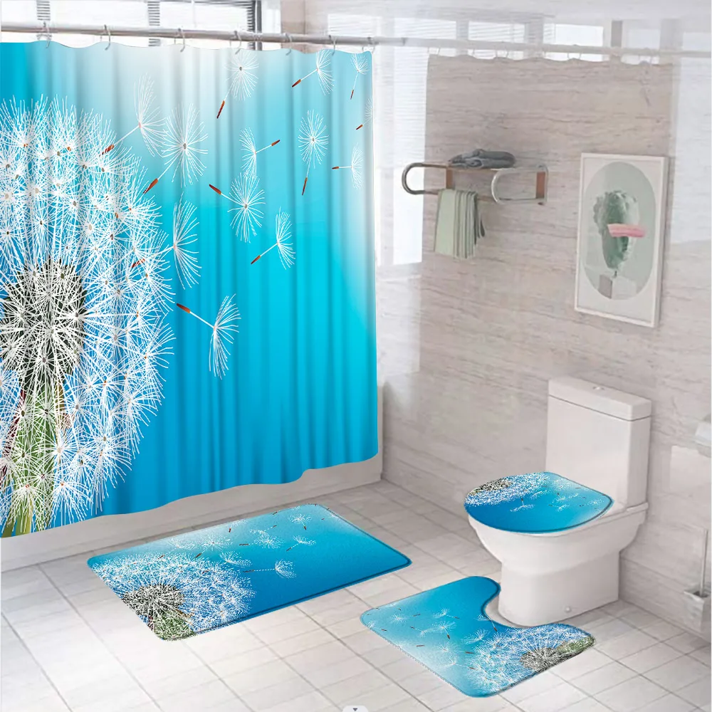 

White Dandelion Flower Shower Curtain Sets Natural Floral Plant Spring Bathroom Curtains Non-Slip Rug Toilet Lid Cover Bath Mat