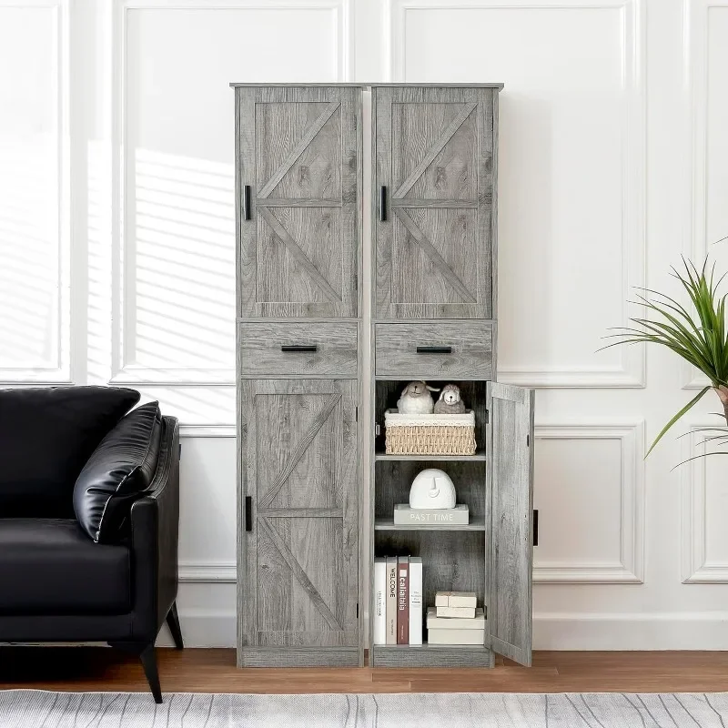 Tall Bathroom Cabinet with 6 Shelves, Narrow Cabinet with 2 Doors & 1 Drawer, Freestanding Storage Cabinet,