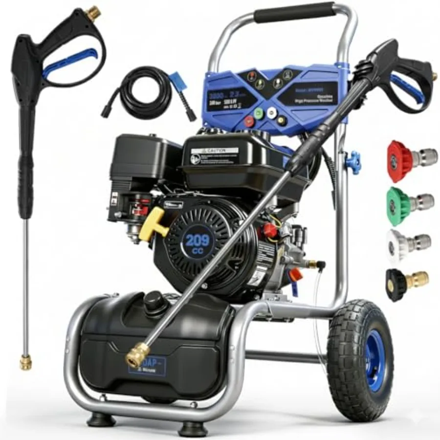 

Мощная газовая мойка высокого давления 3500 фунтов на кв. дюйм с 4-тактным двигателем 209 куб. см, 2,3 галлона в минуту, 4 быстросъемными насадками, шлангом 25 футов и насадкой для мытья полов