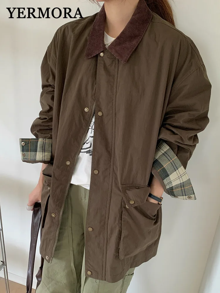 

YERMORA Coffee Patchwork Zipper Casual Jacket For Women Lapel Long Sleeve Loose New Coat Fashion Tdie Spring Summer 2025