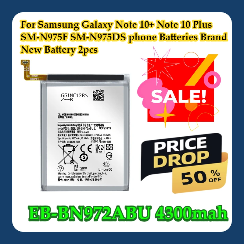 

For Samsung Galaxy Note 10+ Note 10 Plus SM-N975F SM-N975DS phone Batteries Brand New EB-BN972ABU 4300mAh Battery 2pcs