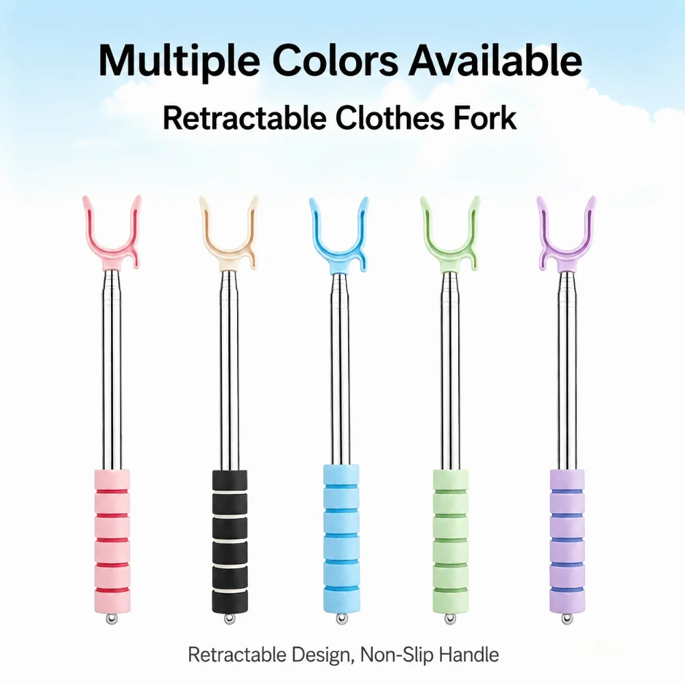 Stainless Steel Clothes Pole Portable Multi-Color Retractable Clothes Fork with Anti-Slip Handle Clothes Drying Stick Travel