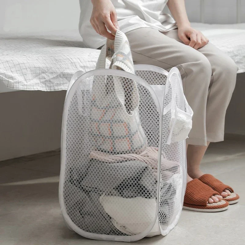 Practical Laundry Storage Basket Household Bathroom Cloth Mesh Organizers Bag Folding Dirty Clothing Bucket Washing Frame Items