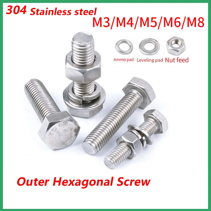 

M3 M4 M5 M6 M8 304 Stainless Steel Din933 Outer Hexagonal Head Screw Bolt Thread 1pcs M8 Plus Long And Short Gong Silk Mat