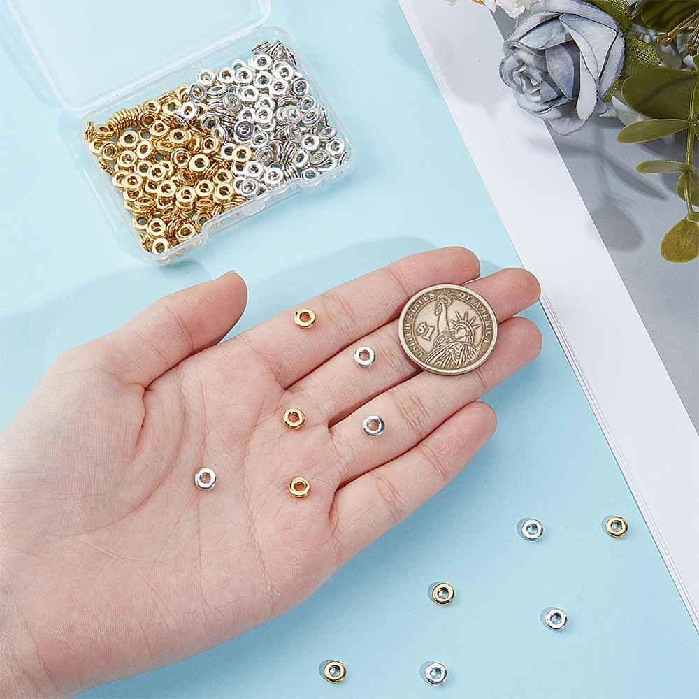 240Pcs 2 Colors Style Flat Round Beads Alloy Large Hole Loose Spacer Beads Silver Golden Flat Round European Bead view 3