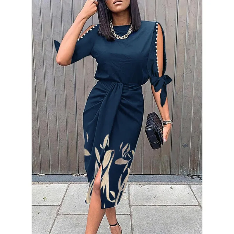 High Waist Blue Bodycon Dress Women Casual Hollow Print Sleeves Medium Length Casual Dress Short Sleeve Slim Fits Beeding Dress