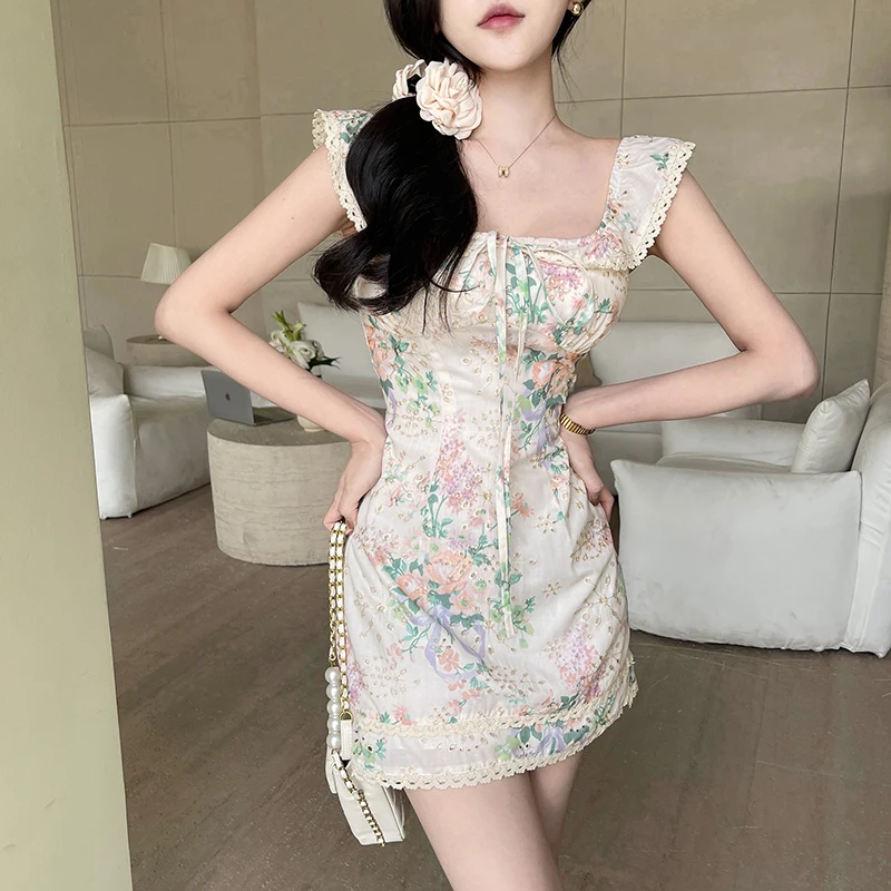 Women\'s Hot Sweetheart Dresses 2024 Summer Fashion Hundred Girls Sense Aging French Square Neck Waisted Floral Dresses