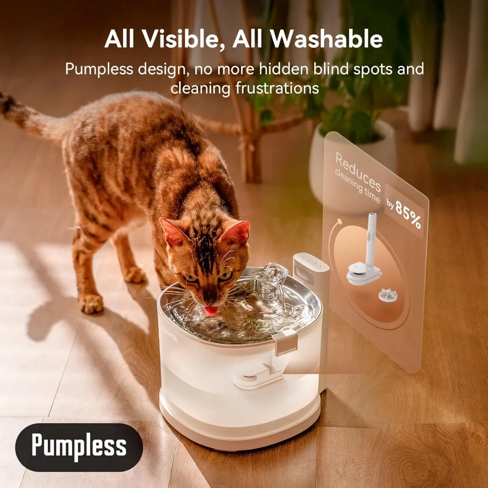 Wireless Pumpless Automatic Cat Water Fountain, Battery Operated, Stainless Steel Tray, No Cleaning Hassle (Cordless, E1+)