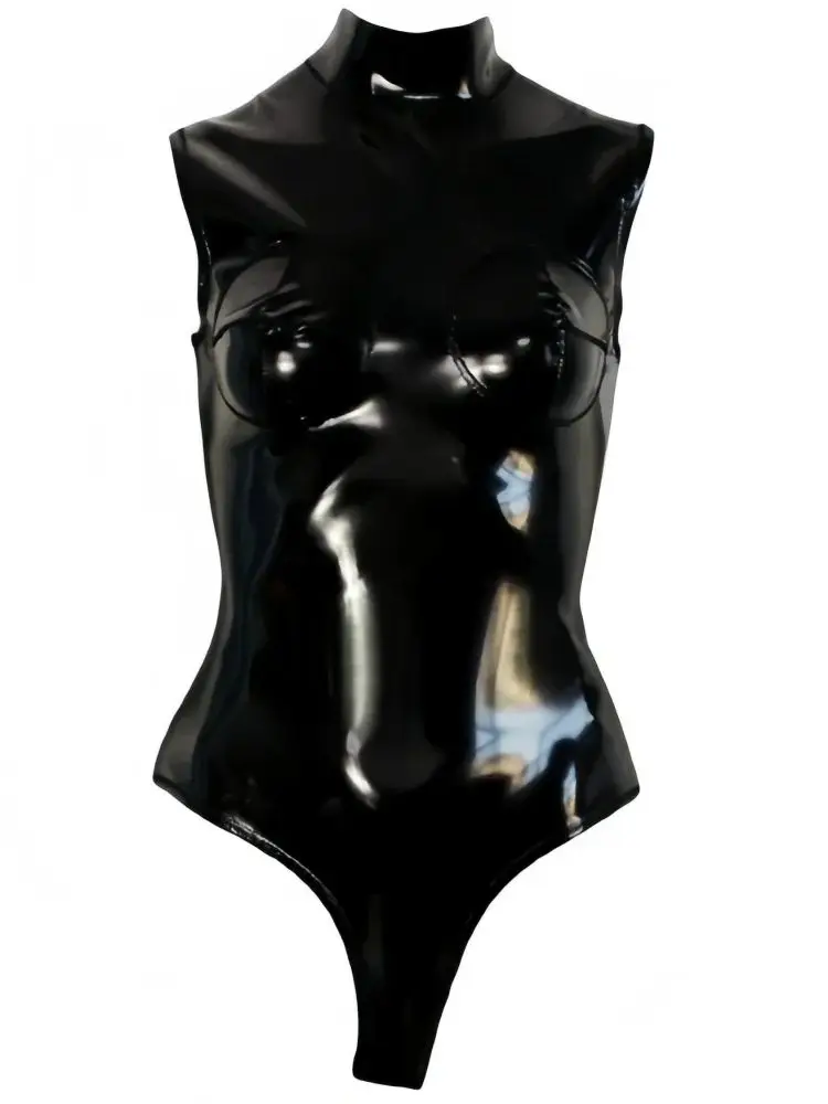 XS-4XL Double Sided PU Leather Sleevless Tank Catsuit 3D Bust Wet Look PVC Open Crotch Bodysuit Tights Sexy Cosplay Body Teddies