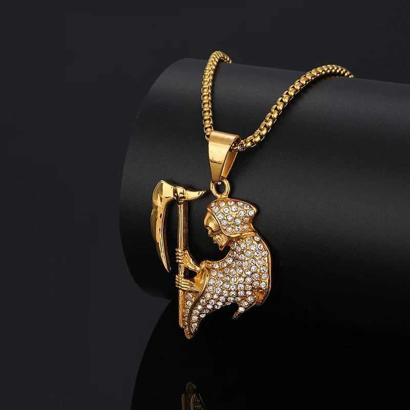 

Hip Hop Bling Iced Out Stainless Steel Grim Reaper Pendants Necklace for Men Rapper Jewelry Gold Color