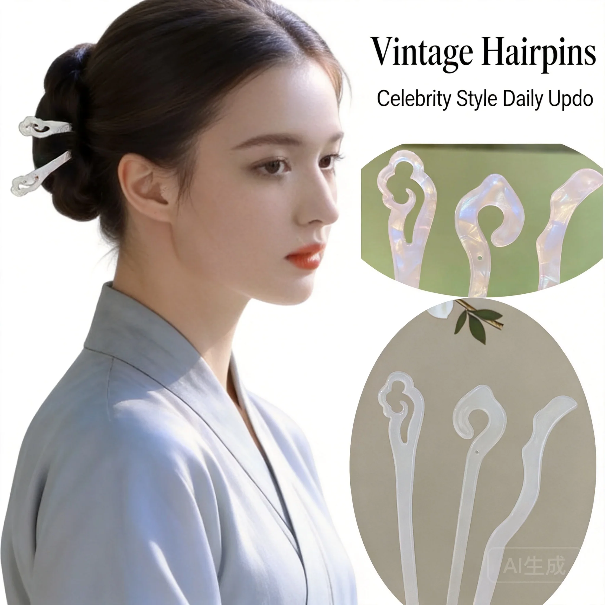 Traditional Chinese Style Lucky Imitation Jade Acetate Hairpins Vintage Hanfu Hair Accessories For Women Daily Bun Styling Bless