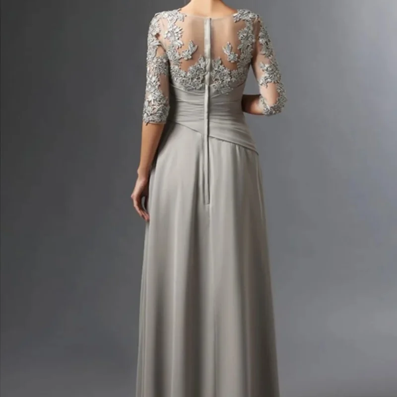 Elegant Chiffon One-Line Neckline Seven-Point Sleeve Floor-Length Decal Embellish Evening Dress Custom Bridal Mom Dress