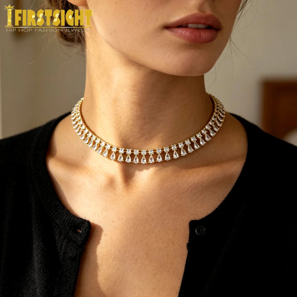 New Iced Out Bling Tear Drop Necklace Silver Color Round Cubic Zirconia Cz Tennis Paved Link Chain Choker For Women Jewelry