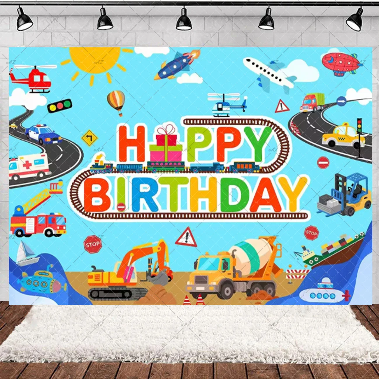 Cartoon Transportation Car Colorful Small Train Theme Background Child Birthday Party Decorations Baby Shower Supplies Backdrop view 5
