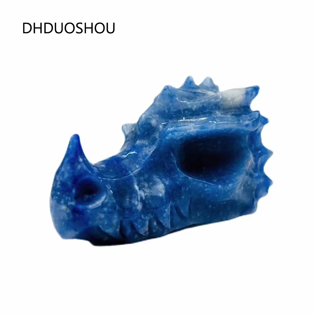 

Customized Natural Crystal Male Dragon Skulls Head Sculpture Blue Aventurine Reiki Ornaments For Collection Home Decor Gifts