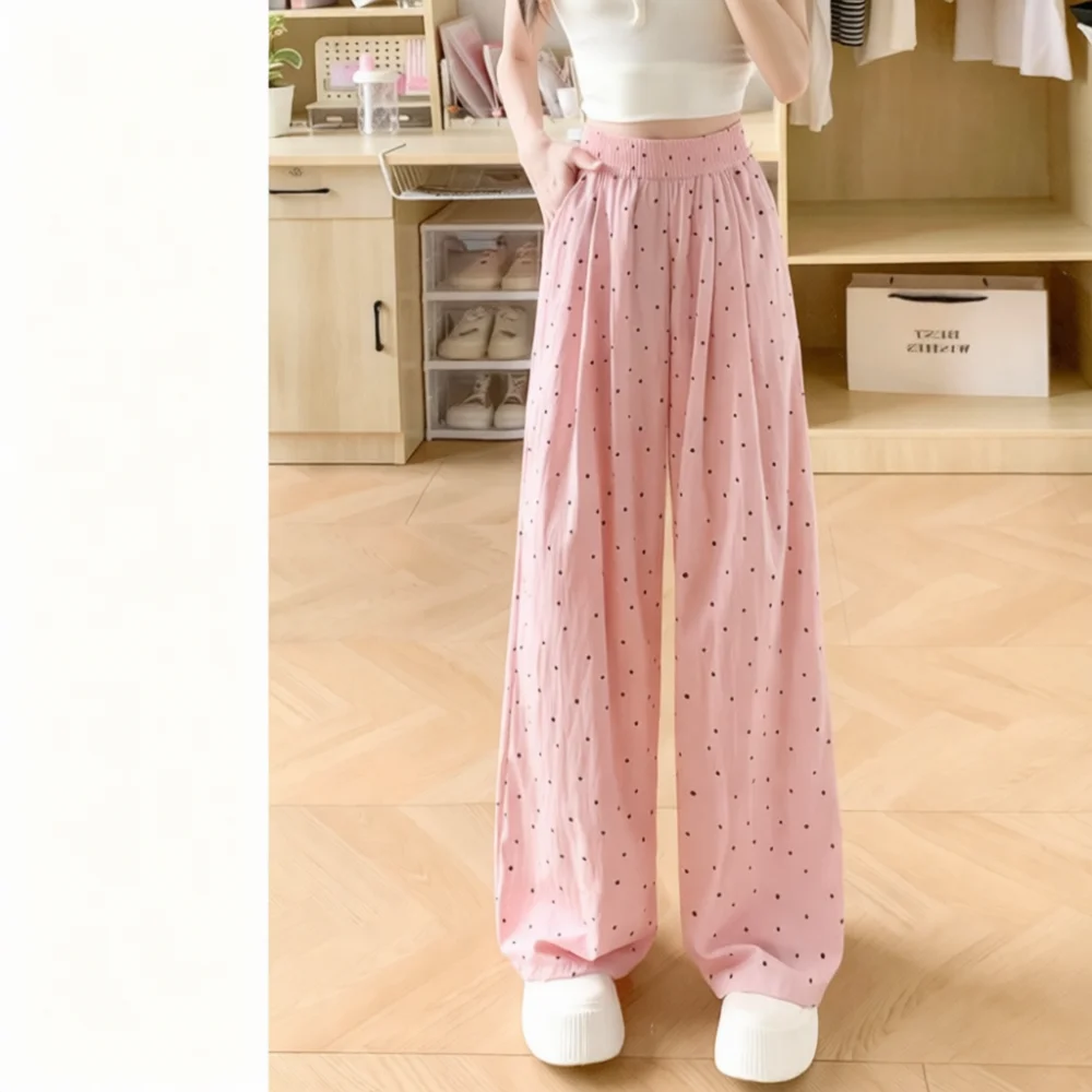 Summer Female High Waist Polka Dot Wide Leg Trousers Ice Silk Casual Loose Breathable Drape Comfortable Fashionable Bottoms
