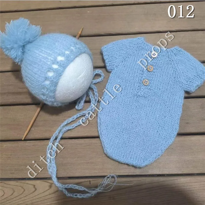 Newborn Photography Props Mohair Jumpsuit +Wool Ball Hat Studio Clothing