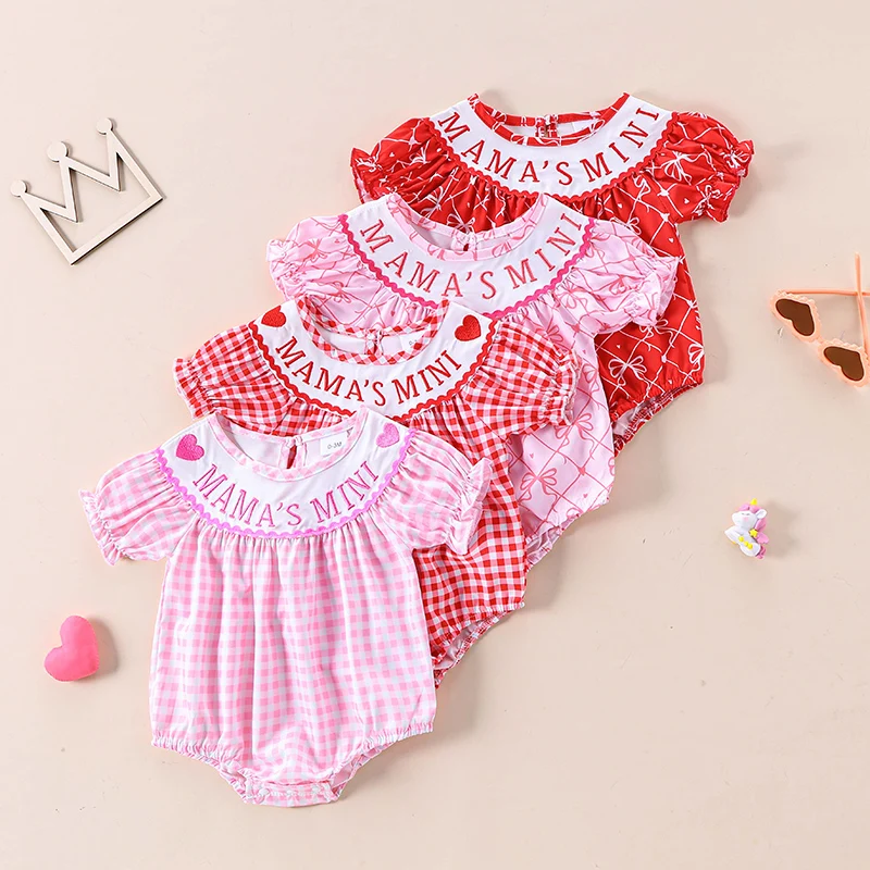 VISgogo Baby Girl Summer Romper Valentine's Day Classic Short Puff Sleeve Plaid/Bow Print Loose Bodysuit Newborn Playsuit