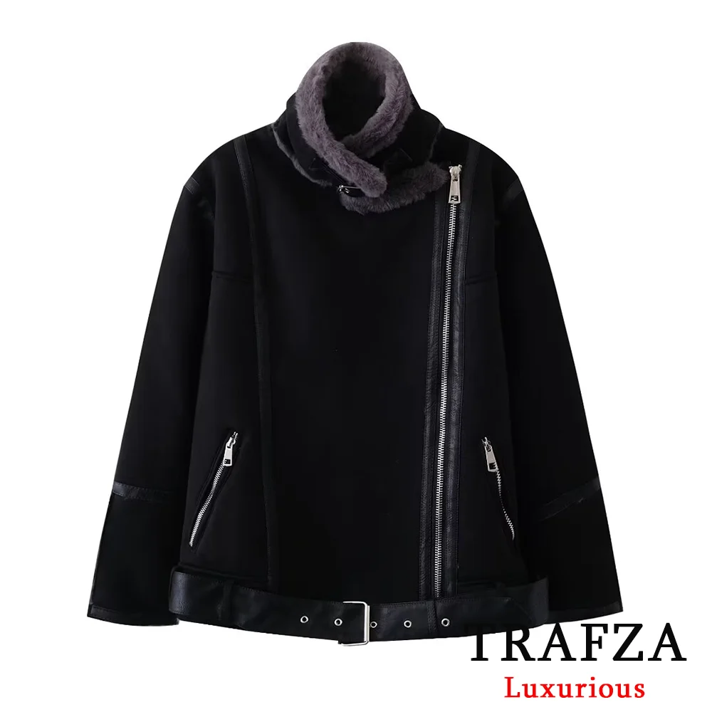 TRAFZA Casual Rabbit Fur Leather Jackets Women Long Sleeve Zipper Sashes Long Coats Fashion 2024 Autumn Winter Thick Luxury Coat