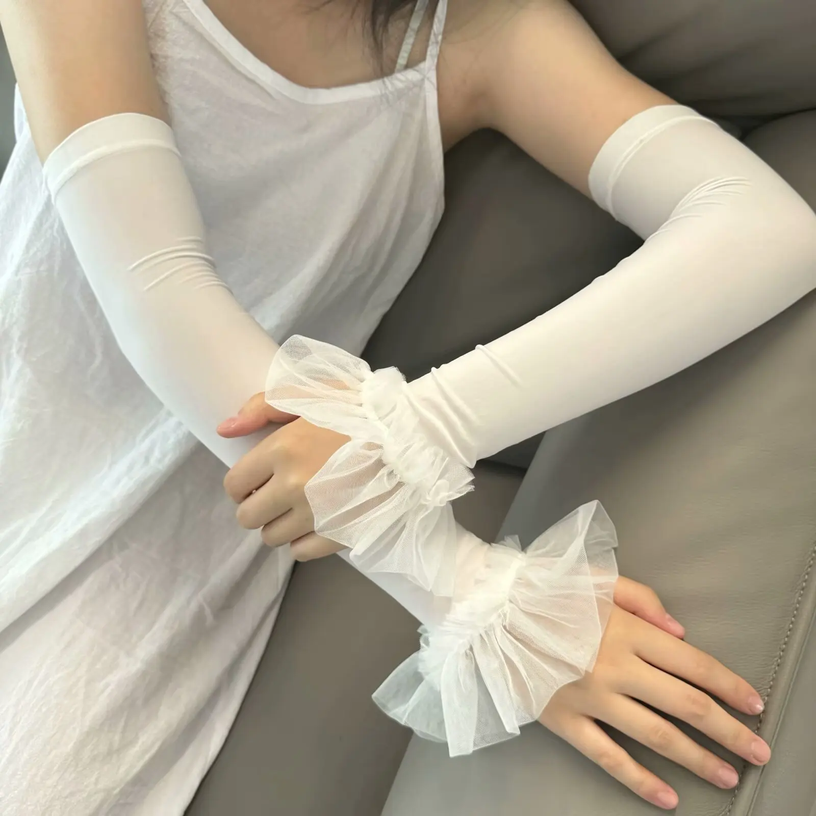 

Summer New Lace Sweet Driving Sunshade Sleeves for Women Elastic Versatile Elegant Arm Sleeves with Fake Cuffs Arm Warmers