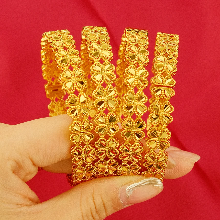 Dubai Women\'s Four Leaf Clover Gold Plated Indian and African Hard Bracelet Charming Wedding Ethiopian Arabian Treasure Luxury