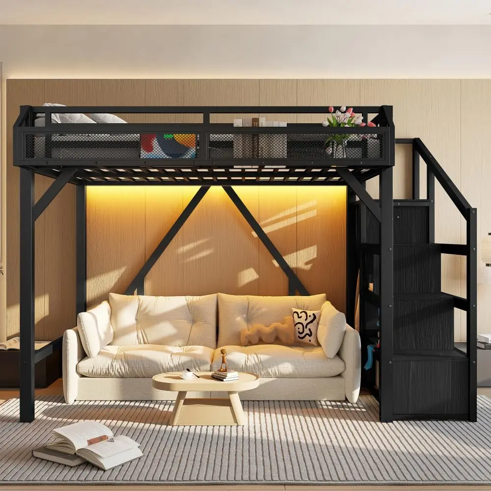Twin Loft Bed Storage Stairs Shelves Wardrobe Metal Frame USB LED Lights Noise-Reduced Black MDF Twin, Customized