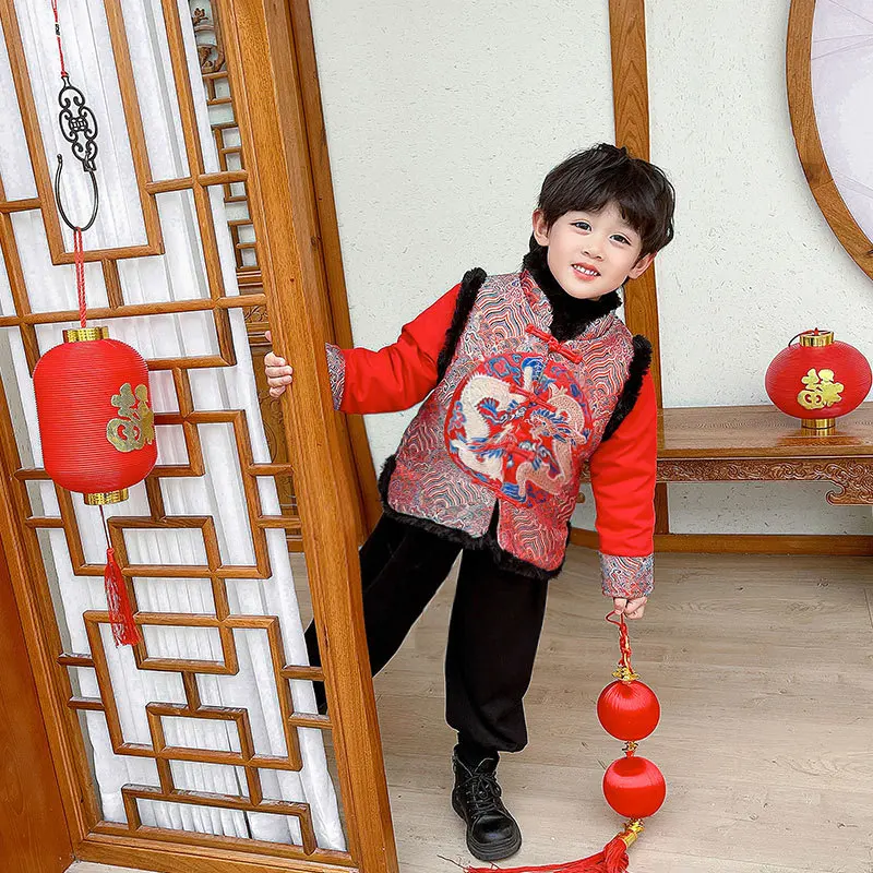 Conjunto de roupas Hanfu Tang estilo chinês para menino, roupa bordada vintage, camisa e Calça com botão infantil, traje de ano novo, 2 peças