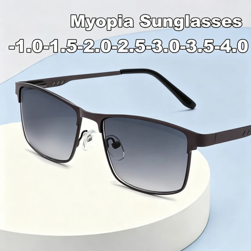 Men's Business Myopia Sunglasses Stylish Metal Square-Frame Nearsighted Glasses Gray Lenses Outdoor Classic and Trendy Goggles
