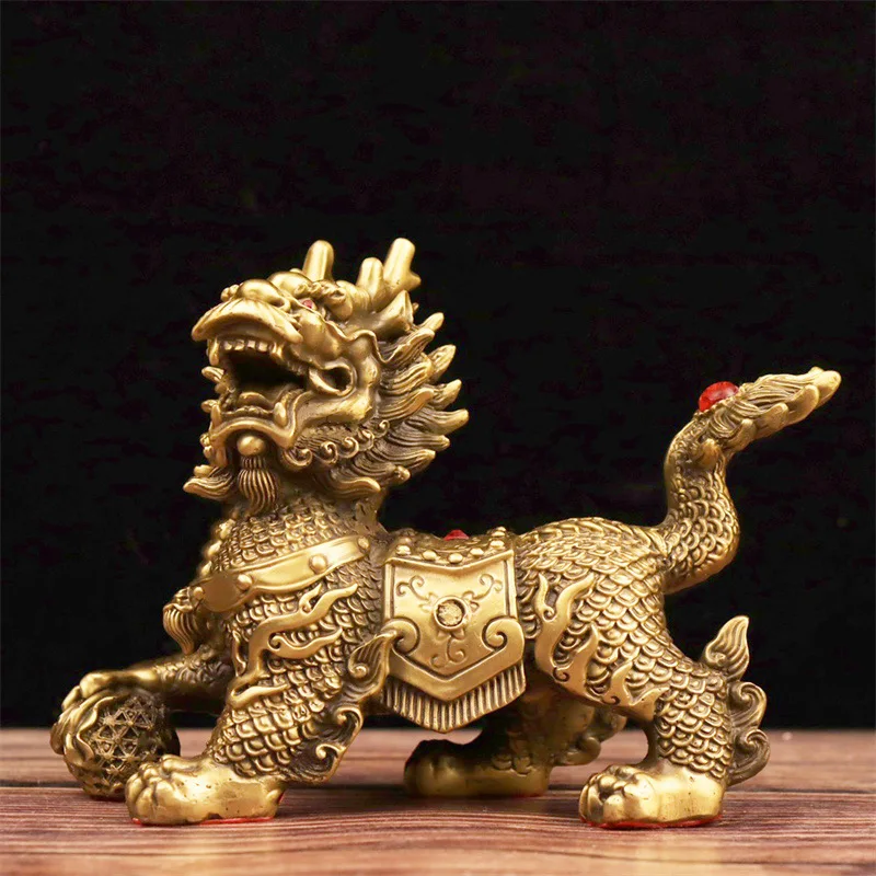 Brass Unicorn Decorations Pair of Fire Kirin Kirin Sending a Child Fortune Kirin Chinese Household Hallway Decoration Gift