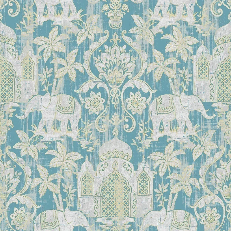 

Temple Taj Mahal Elephant Palm Trees Tropical Wallpaper Metallic Shimmer Southeast Asia Thai Style Background Wall Paper