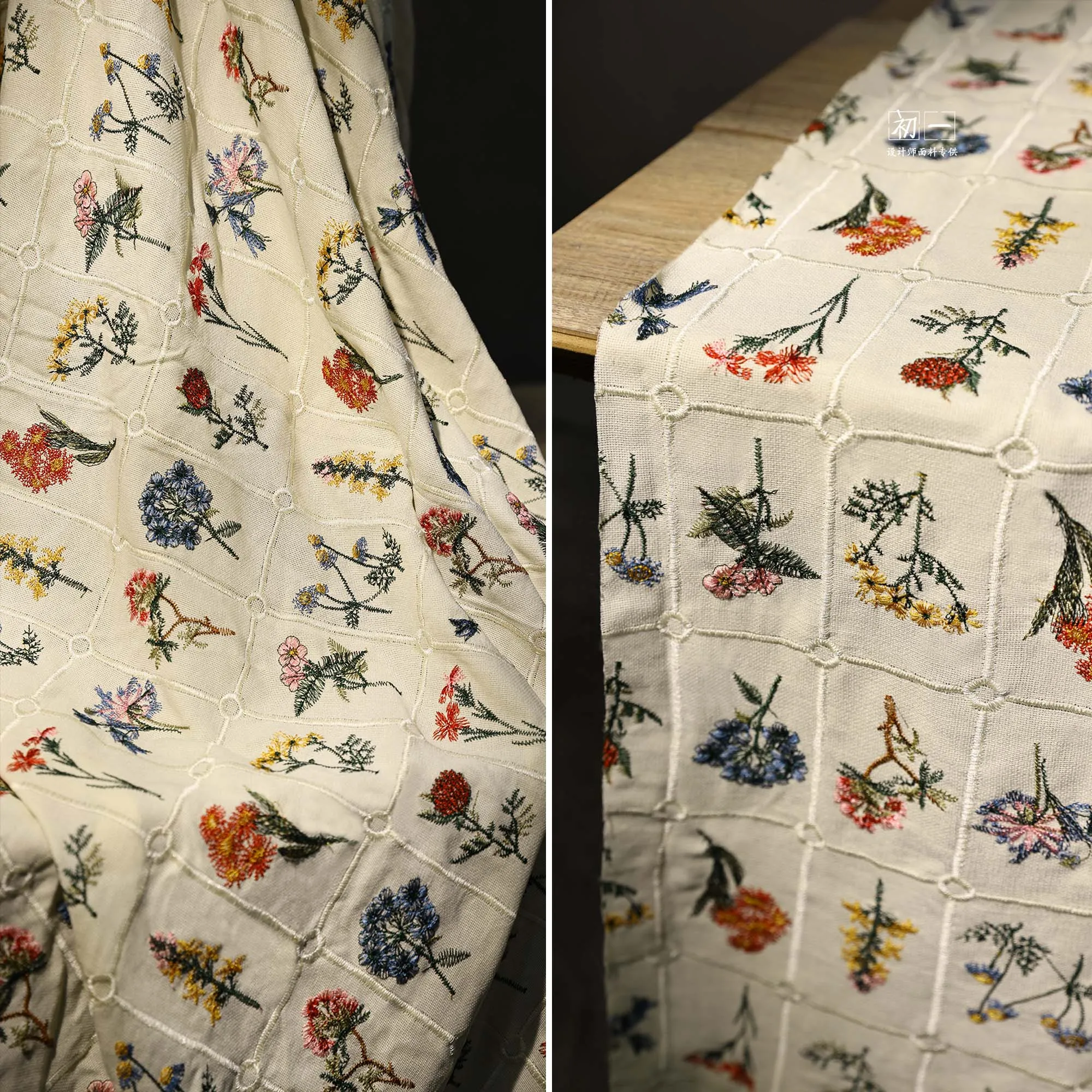 Plant Embroidered Plaid Embroidered Cloth Pastoral Style DIY Decoration Skirt Clothing Design Fabric