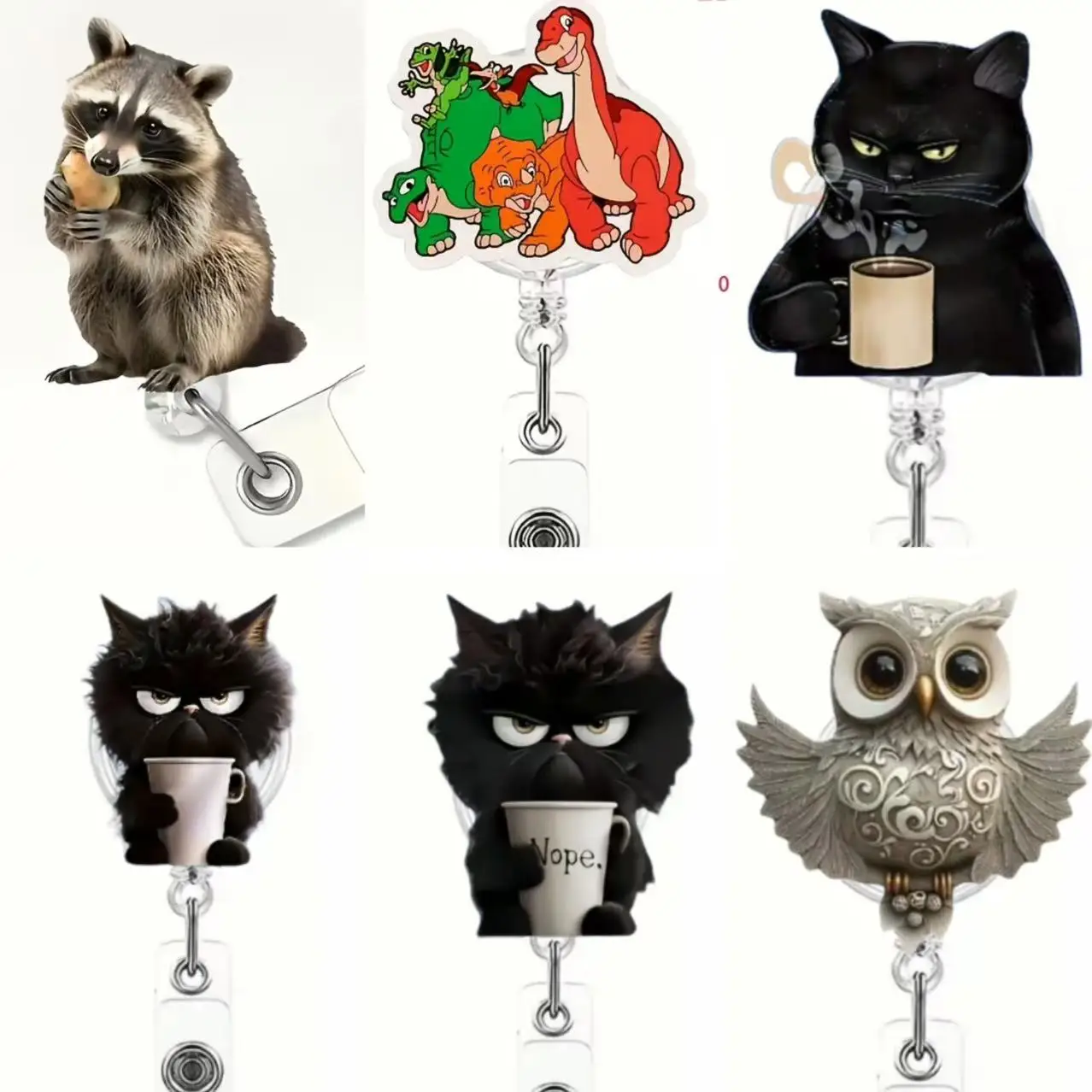 1pc cute teacup black cat retractable badge clip, 2D acrylic with durable nylon cord, suitable for office workers, nurses
