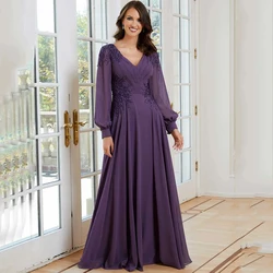 Chiffon Long Sleeve Mother of the Bride Dress Classic V-Neck Pleat Applique A-Line Floor Length Banquet Gowns for Wedding