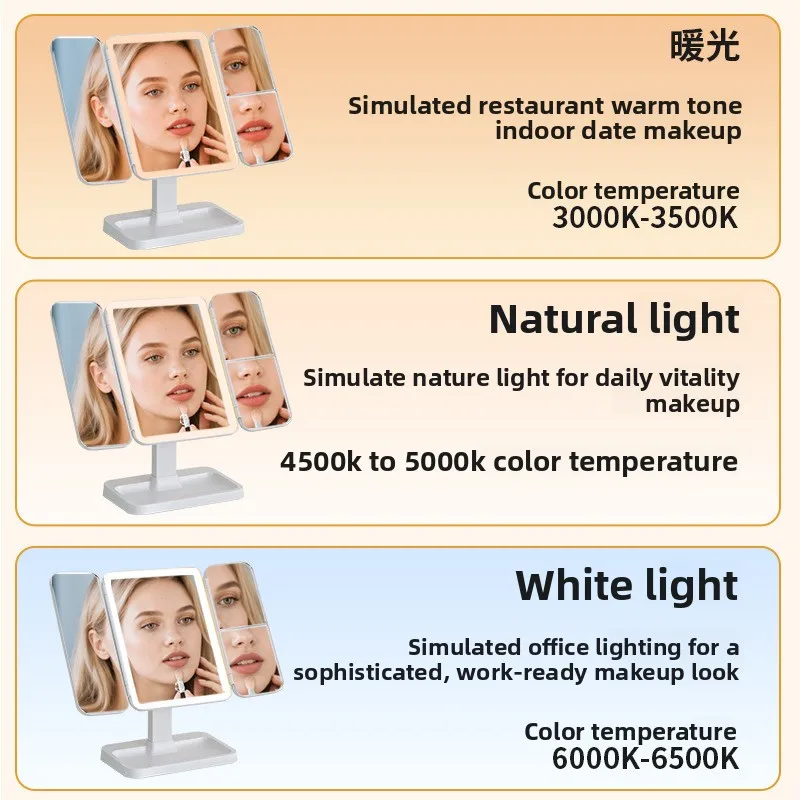 Deluxe led makeup mirror with lamp girl makeup mirror student dormitory desktop triple folding vanity mirror girl beauty mirror