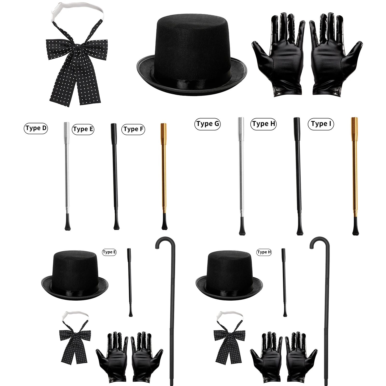 Magician Cosplay Costume Accessories Set Halloween Magician Gentlemen Jazz Hat with Necktie Glove Smoke Rod Prop Cane Wizard Set