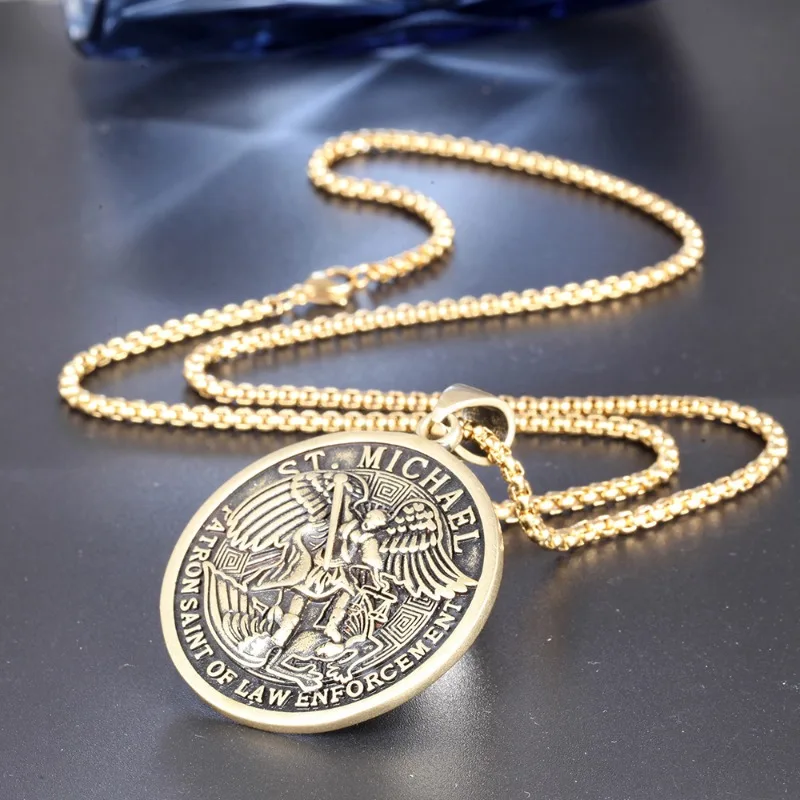 Retro Archangel Michael Figure Pendant Necklace Alloy Material Belief Theme Neck Ornament For Men Religious Gift Jewelry view 4