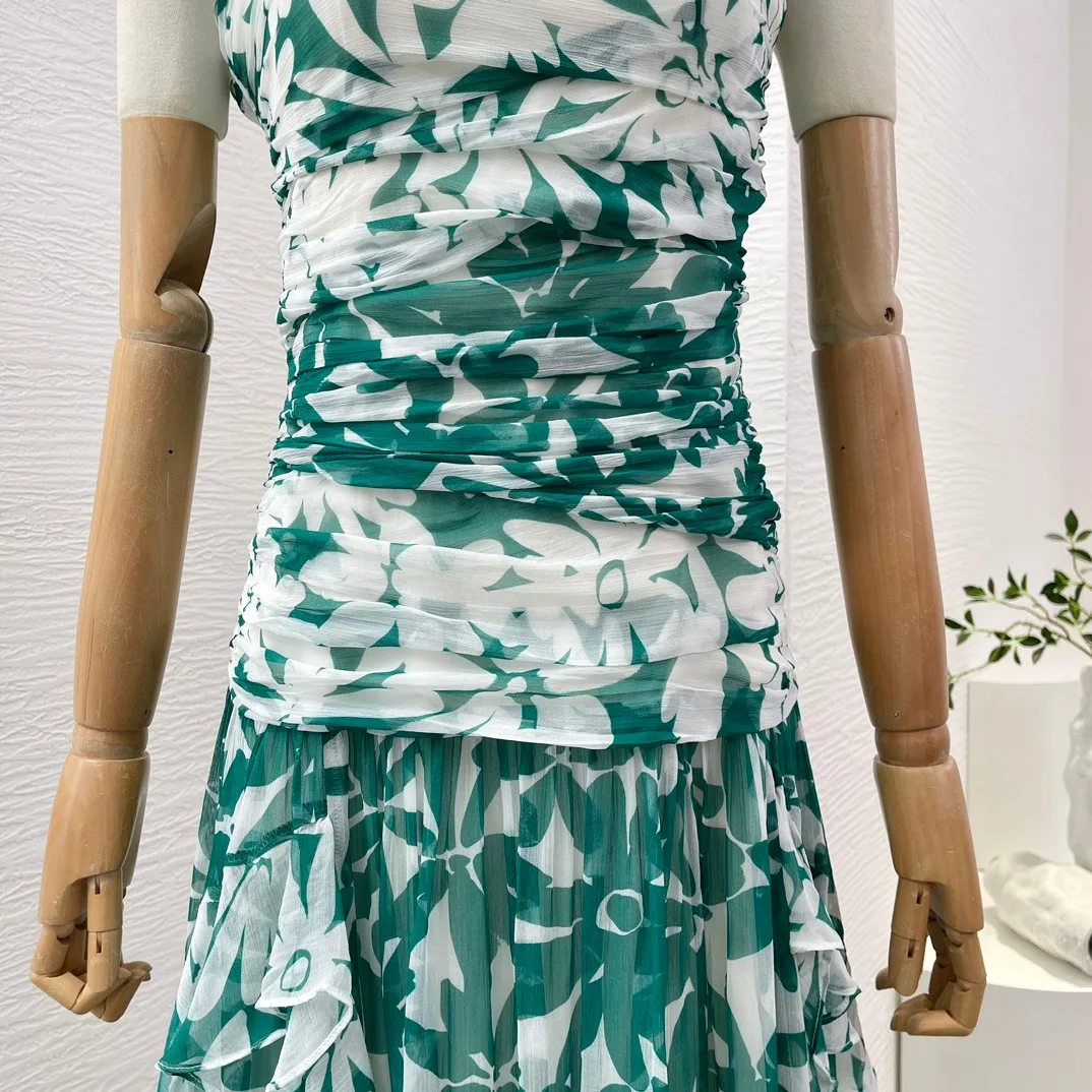 Green Floral Print Sleeveless Ruched Tube Midi Dress High Quality Strapless Vintage 2024 Spring Summer Sexy Sling for Woman