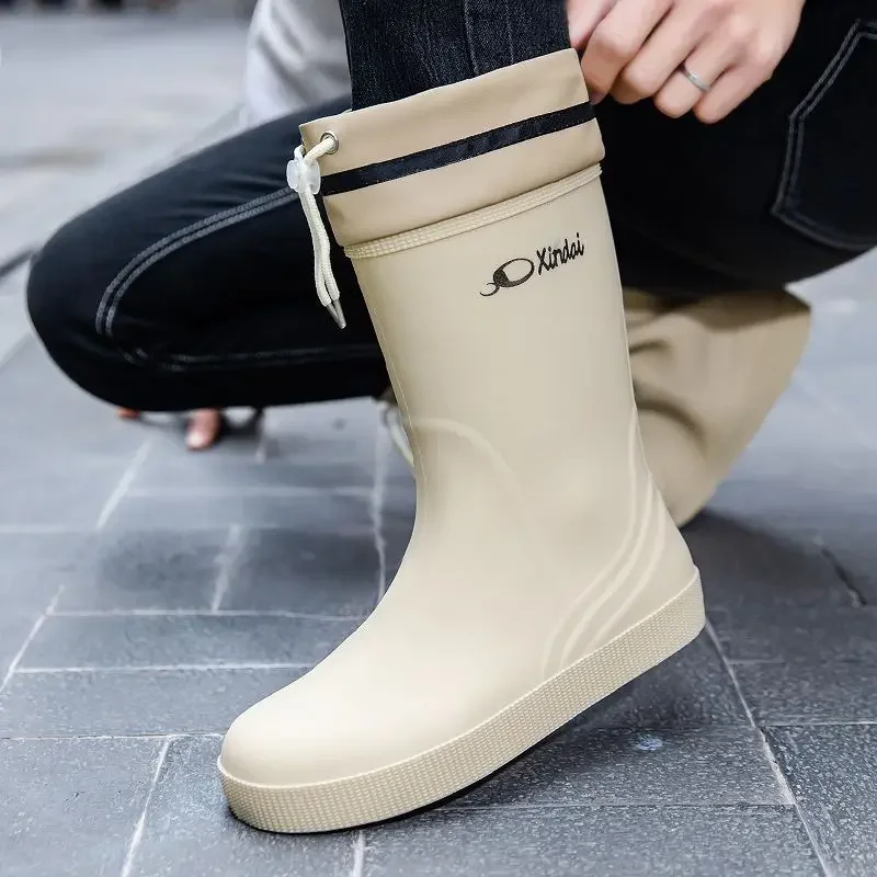 Warm Rain Boots for Men Drawstring Man Shoes Beige Winter Gum Original Waterproof and Non-slip Plastic Rubber Work Resistant New