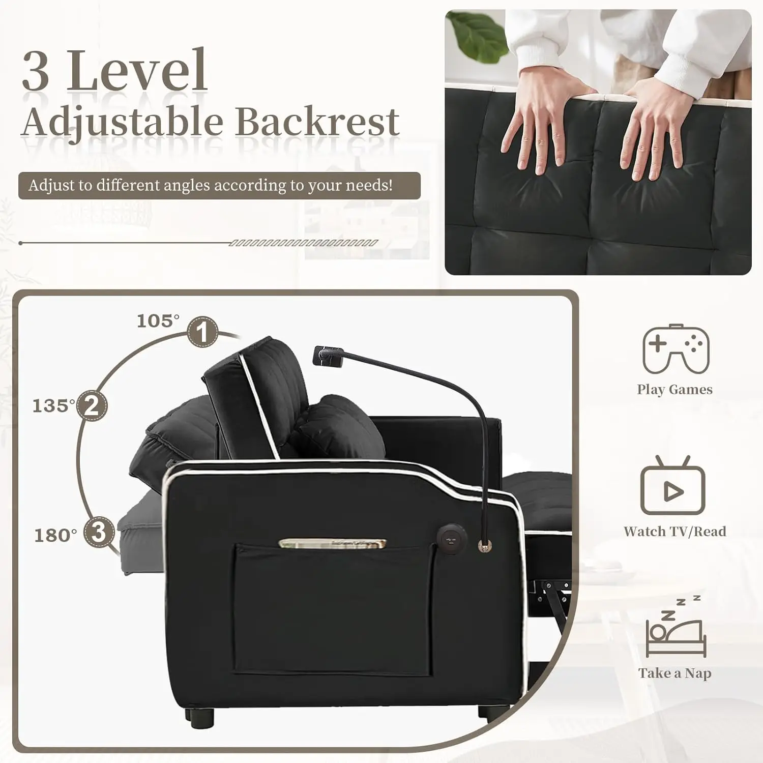 3 in 1 Convertible Sleeper Sofa Bed Velvet Pull Out Couch Bed USB Type C Port Comfy Futon Loveseat Adjustable Backrest Phone