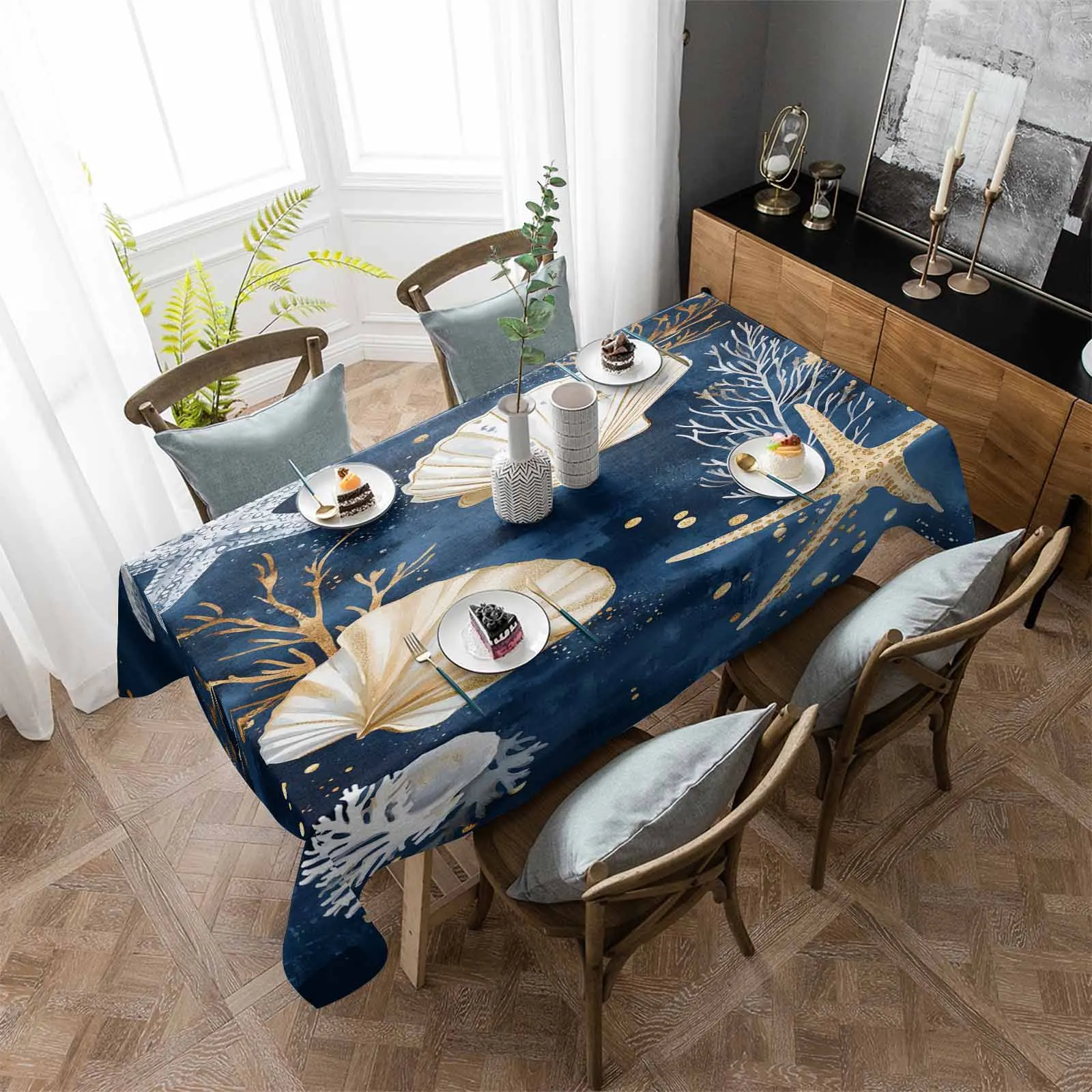 

Marine Creature Shell Starfish Waterproof Table Cloth Holiday Wedding Party Rectangular Table Cover Home Kitchen Decor