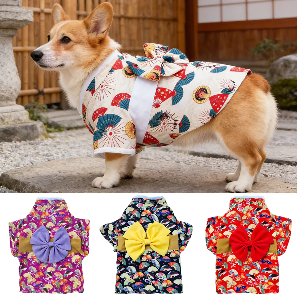Japanese Pet Kimono with Bow Fan Print Puppy Dog Clothes for Small Dogs Corgi Shiba Inu Shetland Cat Dresses Mascotas Clothing