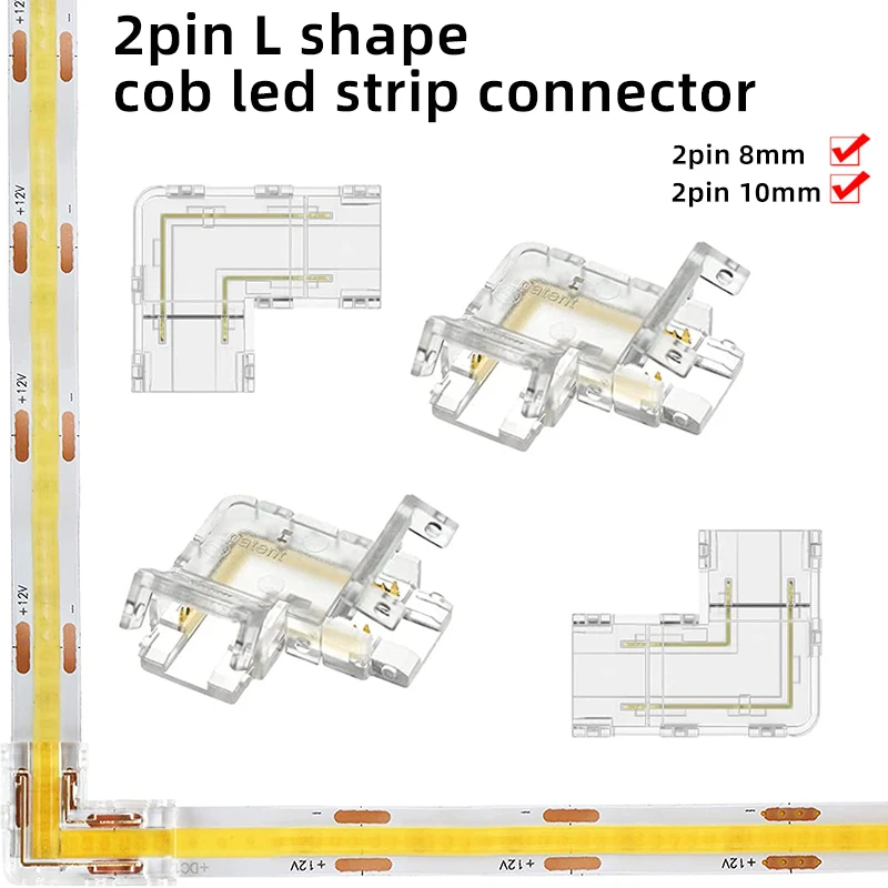 2Pin L-Shaped COB LED Connectors 8mm 10mm Strip to Strip Solderless Corner Connector for 2pin COB LED Strip Lights